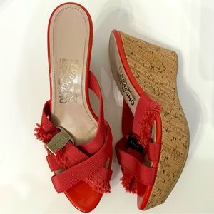 EUC Salvatore Ferragamo Red/Coral Criss Cross Ribbon Cork Wedge Sandal